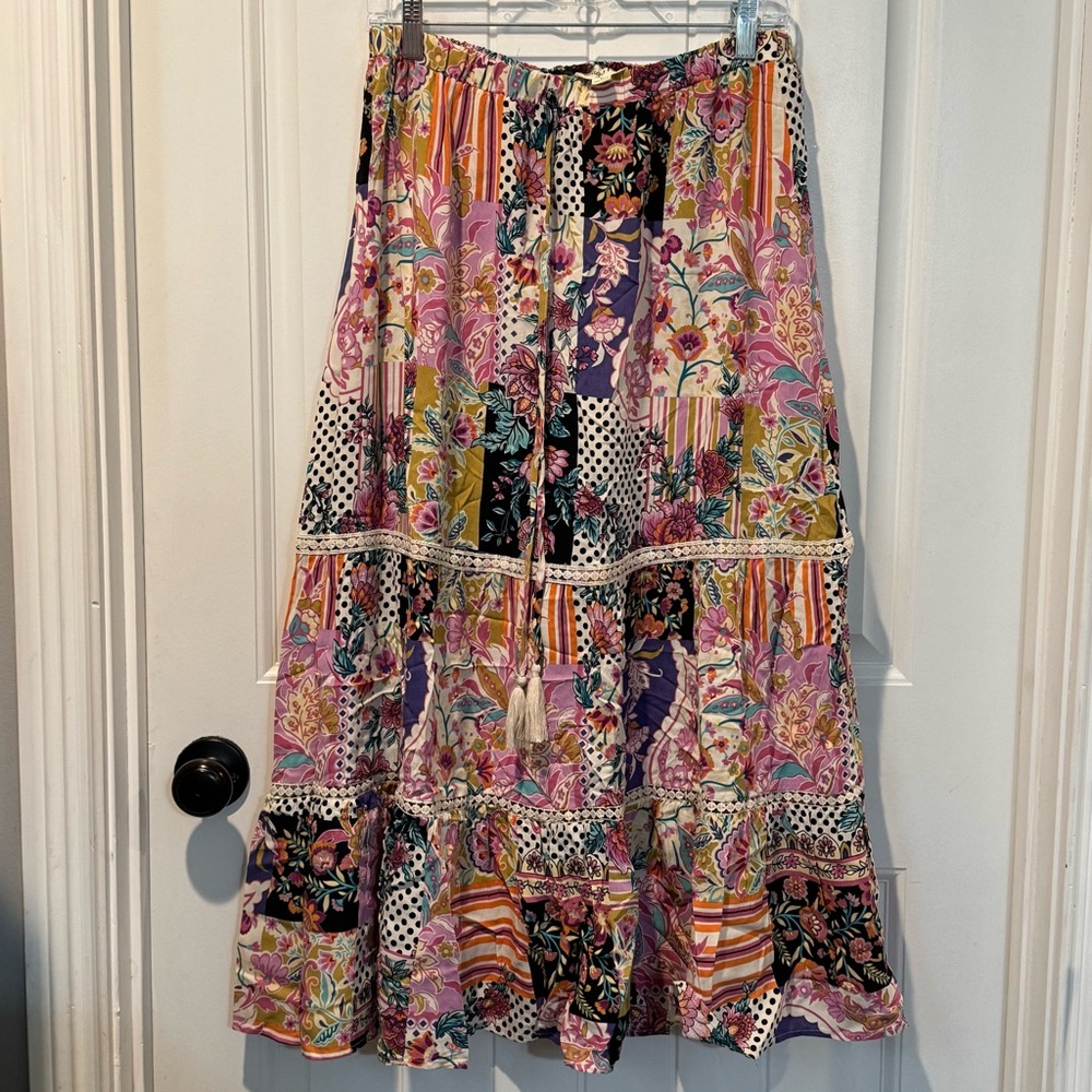 Indigo Rose Bohemian Floral Patchwork Large Maxi Skirt